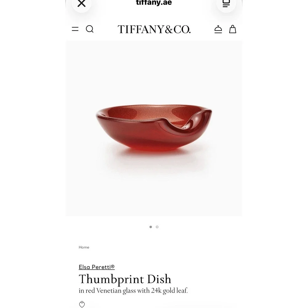 Tiffany & Co Elsa Peretti Thumbprint Dish Red Venetian Glass 24K Gold 5